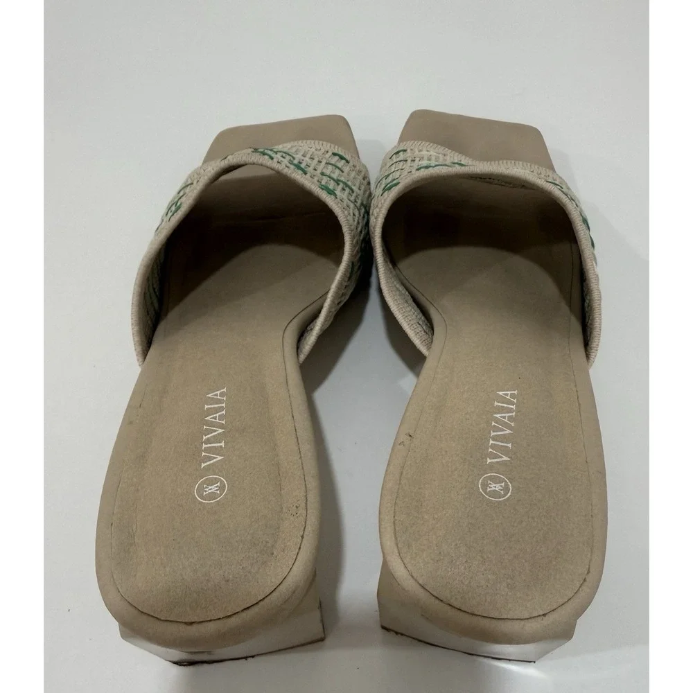 Vivaia Juliet Pro Sandals Beige/Green Square Toe Block Heel Womens EU‎ 38 US 7